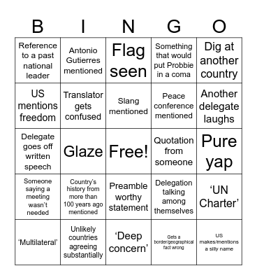UN Meeting Bingo Card