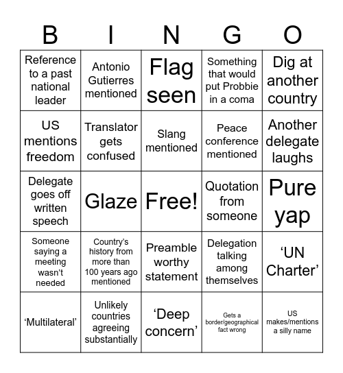 UN Meeting Bingo Card