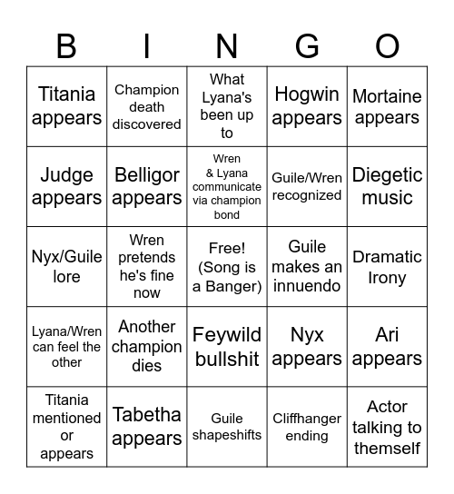 The Bardic Hearth S2E1 Bingo Card