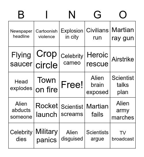 Mars Attacks Bingo Card
