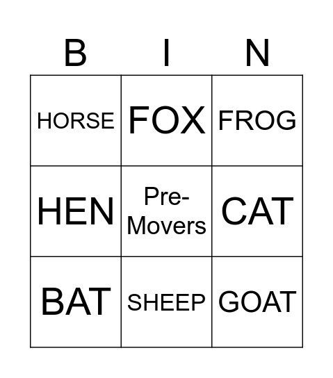 Farm Animals Bingo Card