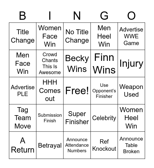 WWE Elimination Chamber Bingo Card