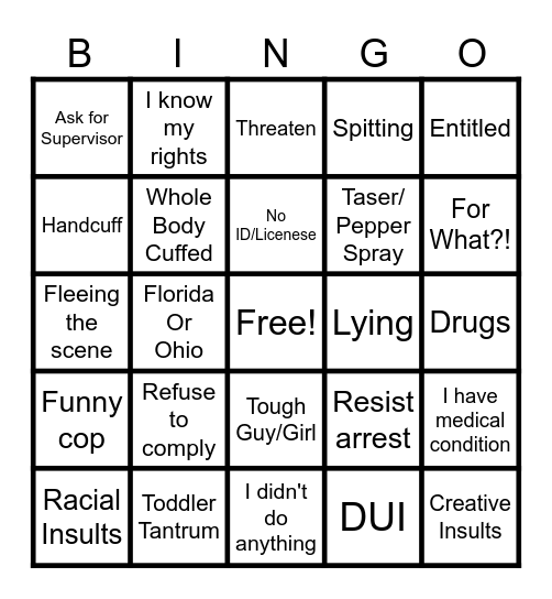 Cop Bingo Card