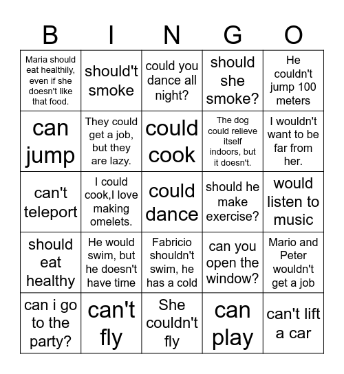 Modal Verbs Bingo Card