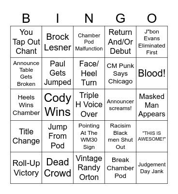 WWE Elimination Chamber Bingo Card
