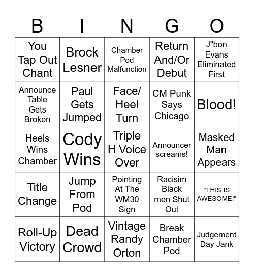 WWE Elimination Chamber Bingo Card