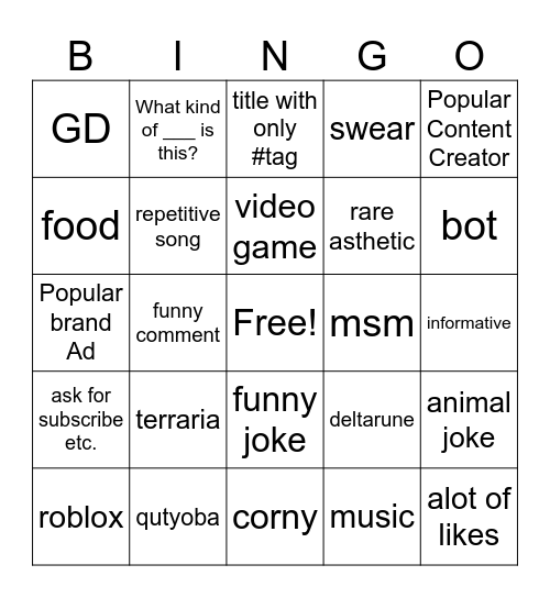 my fyp bingo Card