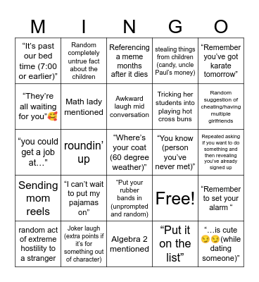 Mingo (Mom Bingo) Bingo Card