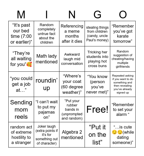Mingo (Mom Bingo) Bingo Card
