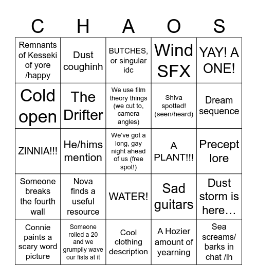 Transplanar CHAOS A4 E13-14 Bingo Card
