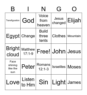 Transfiguration of Jesus Bingo Card