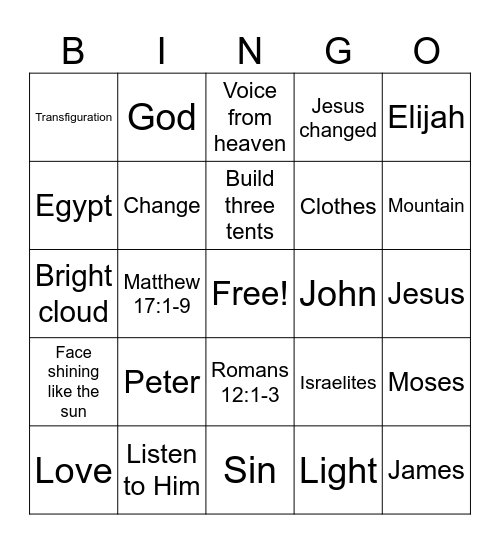 Transfiguration of Jesus Bingo Card