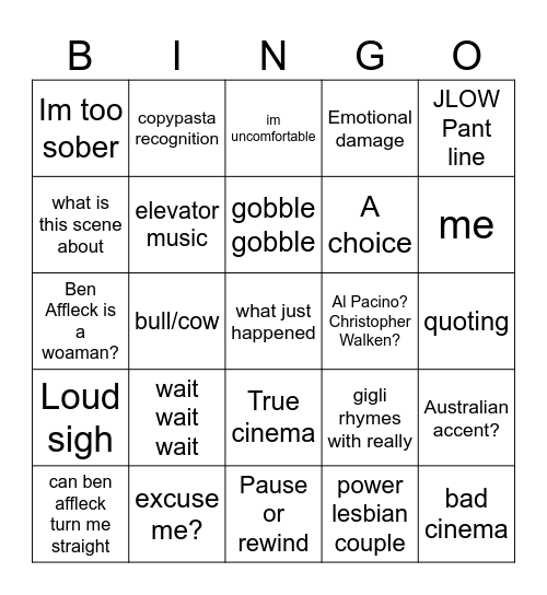 Thanksgiving Gigli Exposure Therapy Bingo Card