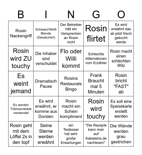 Rosins Restaurant Bingo Card