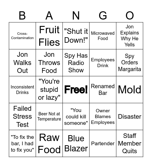 BAR RESCUE Bingo Card