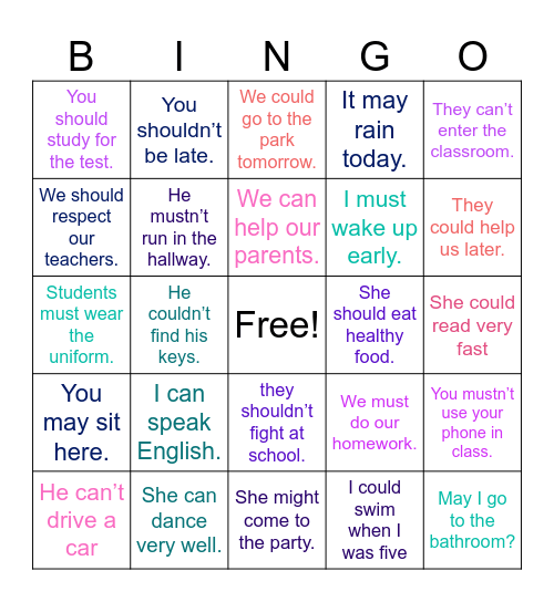 Modal Verbs Bingo. Bingo Card