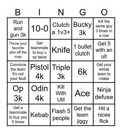 Valorant Bingo Card