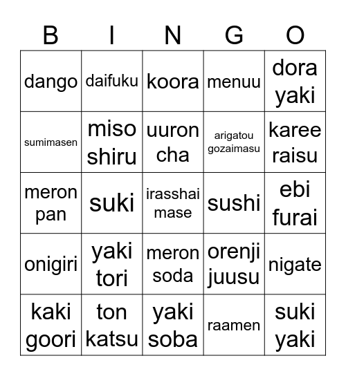 year 8 restaurant Bingo Card