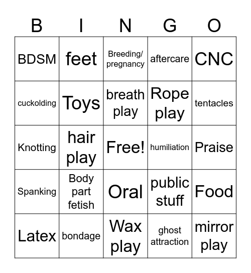 Fetsih Bingo Card