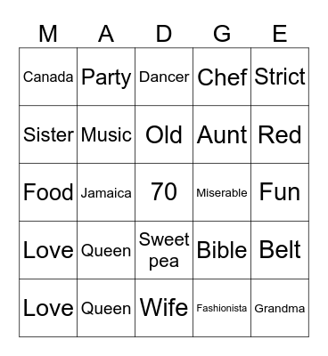 Madge's 70th birthday! Bingo Card