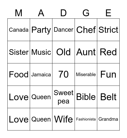 Madge's 70th birthday! Bingo Card