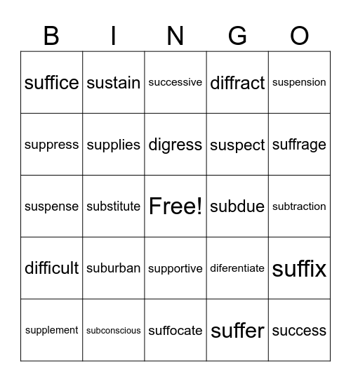 Sub/Dis BINGO Card