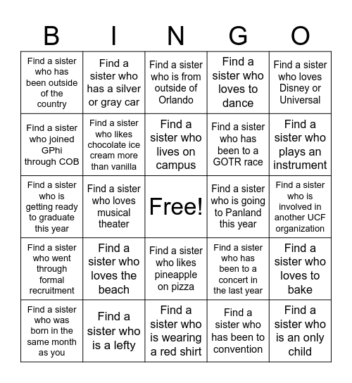 Gamma Phi Beta Bid Day Bingo Card