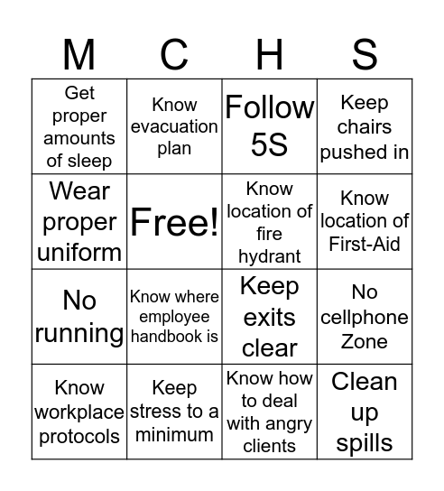 Saftey Bingo Card