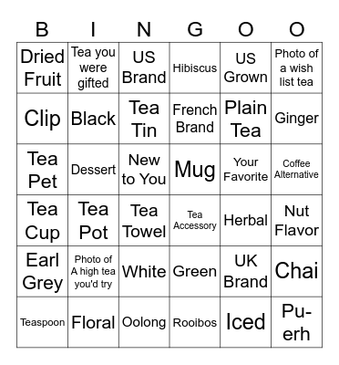 Tea Time Bingo Card
