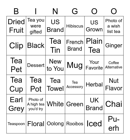 Tea Time Bingo Card