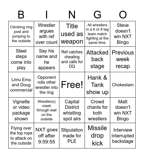 NXT Tuesday Night Bingo Card