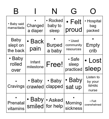 WHIN Pregnancy & Infant Bingo Card