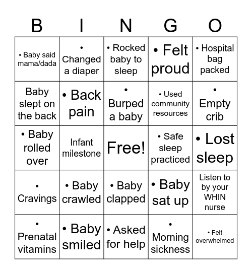 WHIN Pregnancy & Infant Bingo Card