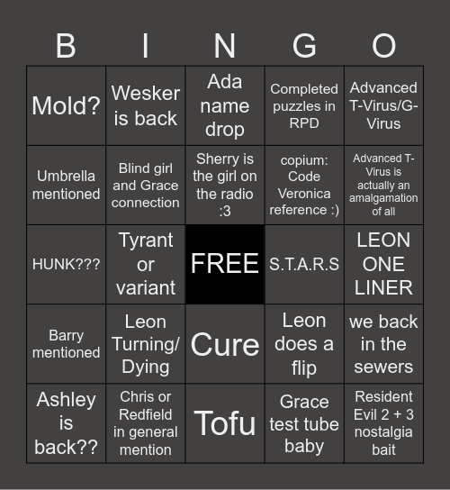 Resident Evil 9 Prediction/Theory Bingo Card