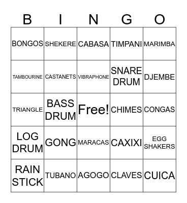 Percussion Instruments Bingo Card