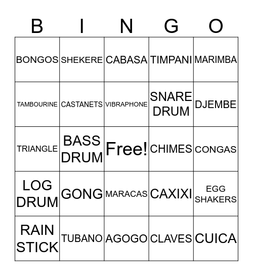 Percussion Instruments Bingo Card