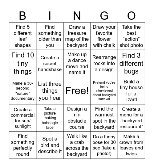 Backyard Bingo! Bingo Card