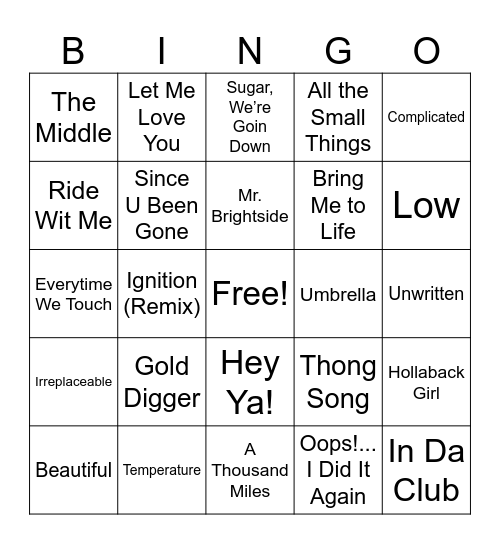2000’s SINGO Bingo Card