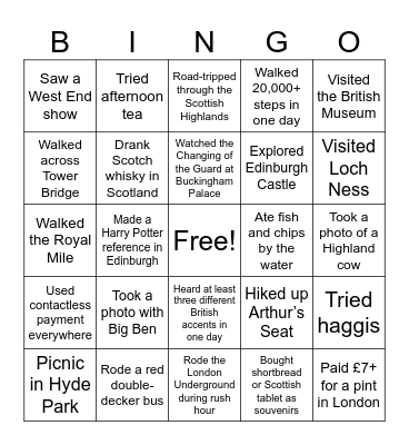Scotland and London Bingo Card