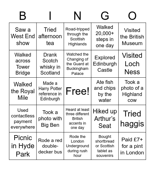 Scotland and London Bingo Card