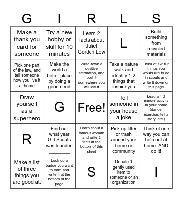 Week of the Girl BINGO Game Bingo Card