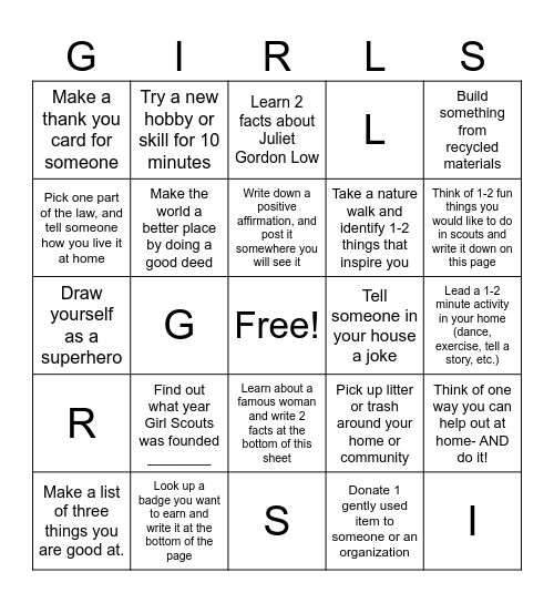 Week of the Girl BINGO Game Bingo Card