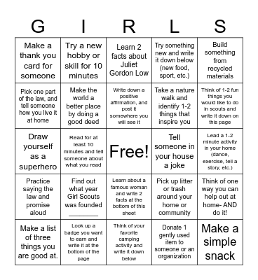 Week of the Girl BINGO Game Bingo Card