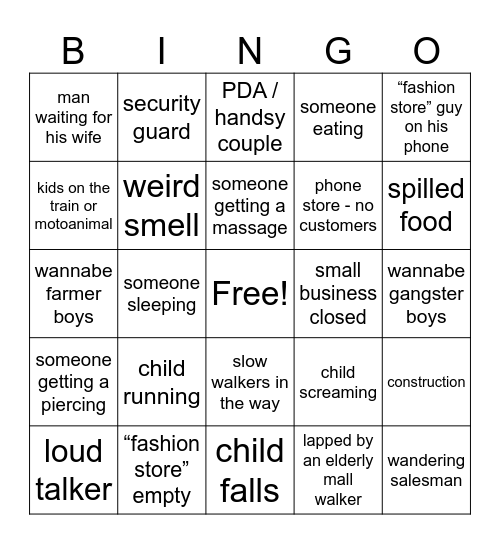 Mall Walk Bingo Card
