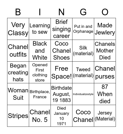 Coco Chanel  Bingo Card