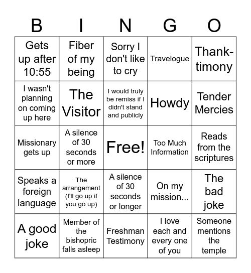 YSA Testimony Meeting Bingo Card