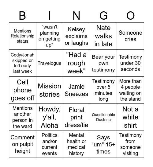 Geriatric YSA Bingo Card