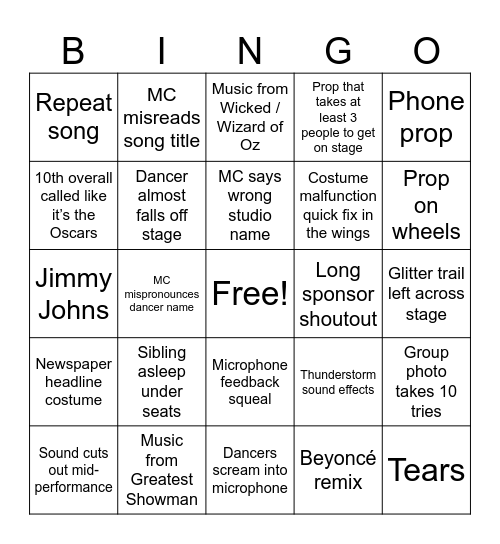 Competition Dance Mom BINGO Card
