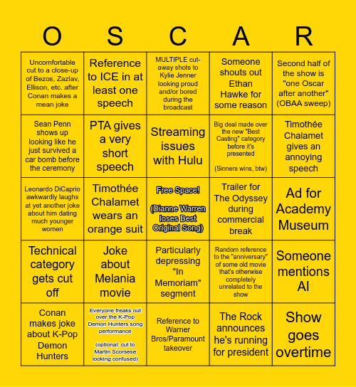 Oscars 2026 Predictions Bingo Card
