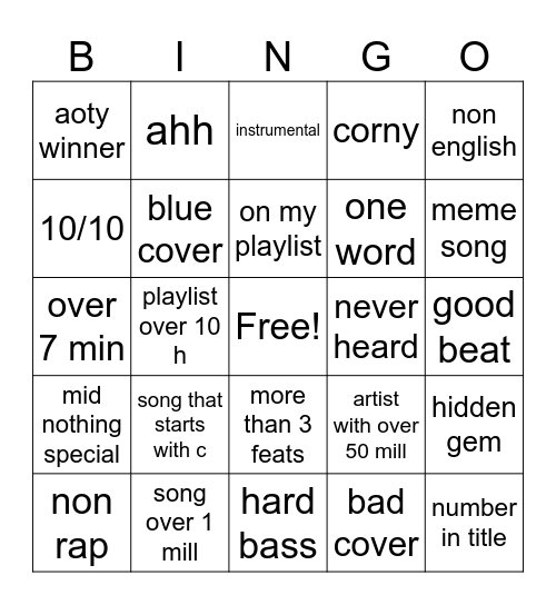 song Bingo Card